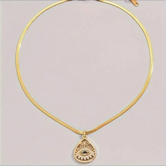Gold VTG Elegant Gold Blue Evil Eye Rhinestone Chain Pendant Necklace - Picture 4 of 7